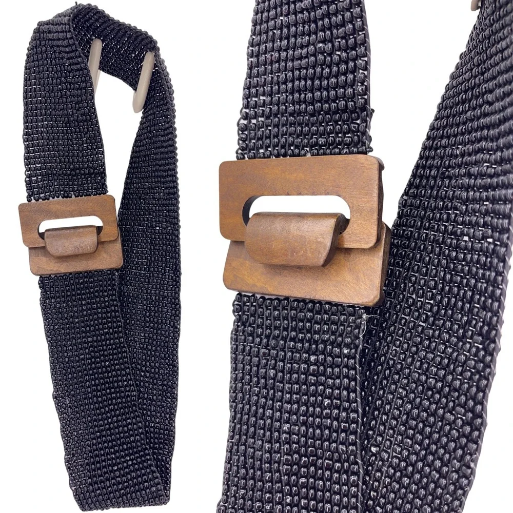 Black Beaded Belt OS Wide Cinch Wood Buckle Elastic Stretch Boho